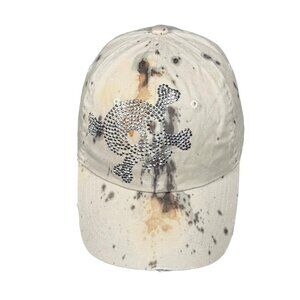 Lunada Bay Rhinestone Skull & Bone Cap Beige Distressed Tie Dye Grunge Punk Y2K